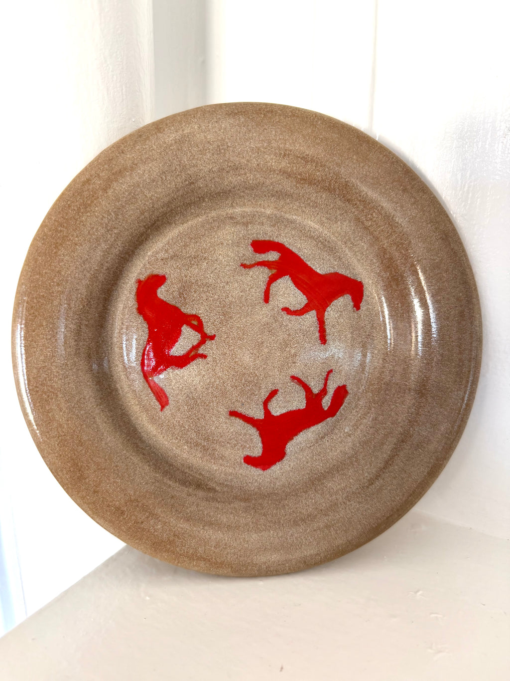 Taupe Plate with Red Horses 1