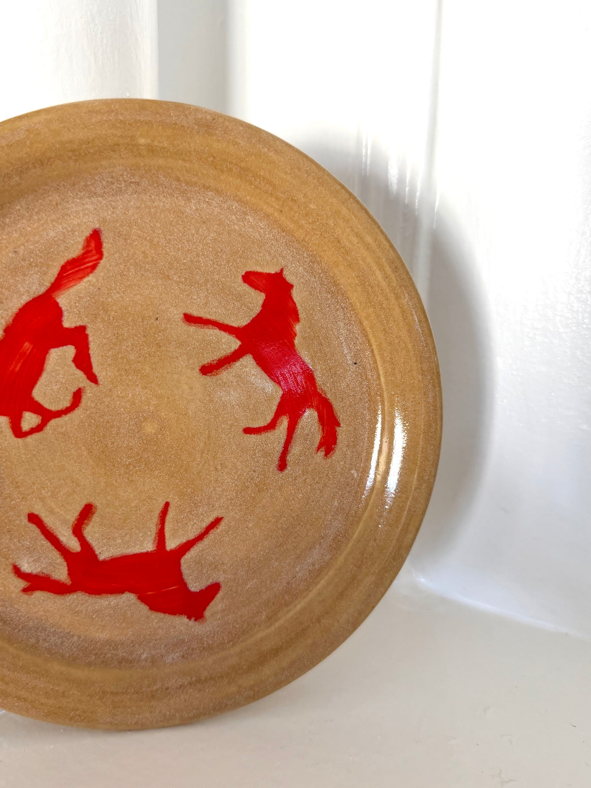 Golden Brown Plate with Red Horses 1