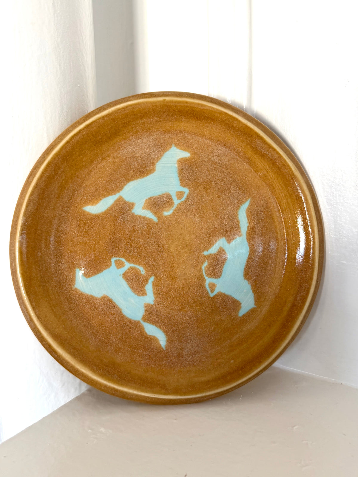 Golden Brown Plate with Baby Blue Horses